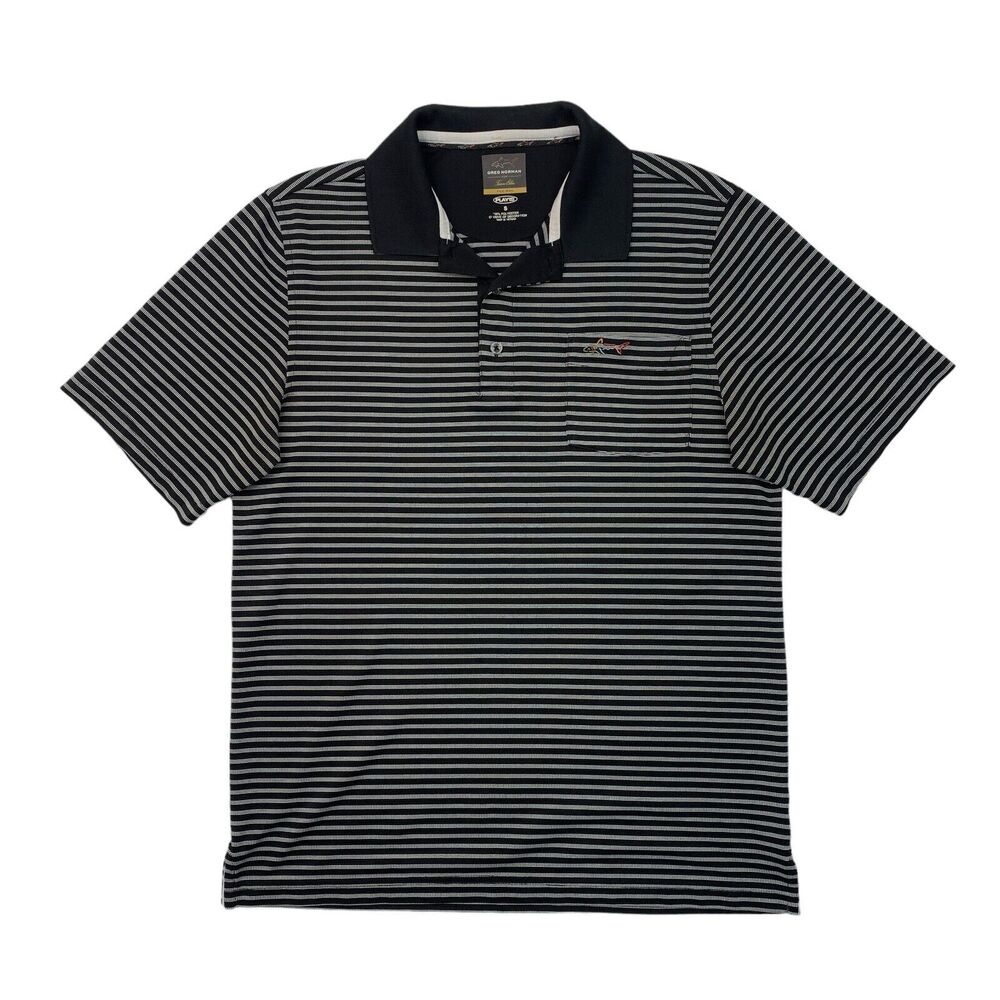 Greg Norman Polo Shirt Mens S Small Black Stripe Tasso Elba PlayDry Five Iron